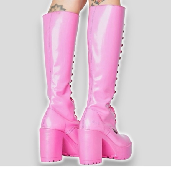 ROC Lash Pink Knee High Combat Platform Lace Up Boots sz40/9 Dolls Kill Hi-Shine - Picture 3 of 5